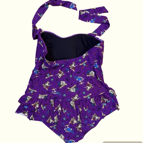Disney Villains Plus Size Purple Tattoo Print Ruffle Swimsuit 1 Swimwear villain - Picture 2 of 12